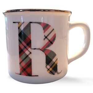 Pottery Barn White Ceramic Mug with Plaid Letter R and Gold Rim